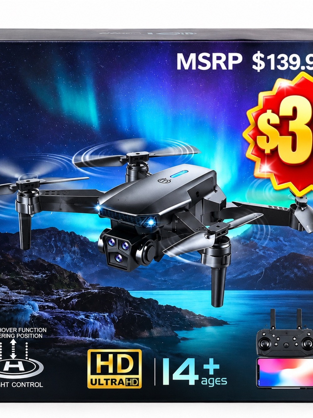 YNS Generic Black Dual-Lens Foldable HD Video Drone